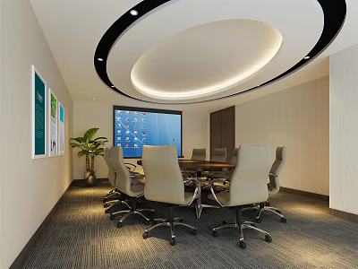 Modern Conference Room Interior With Circular Ceiling Light Projection Screen And Office Chairs 3d model