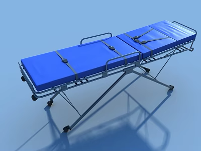 Commercial Medical Stretcher with Blue Mattress Wheels Metal Frame and Straps 3d model