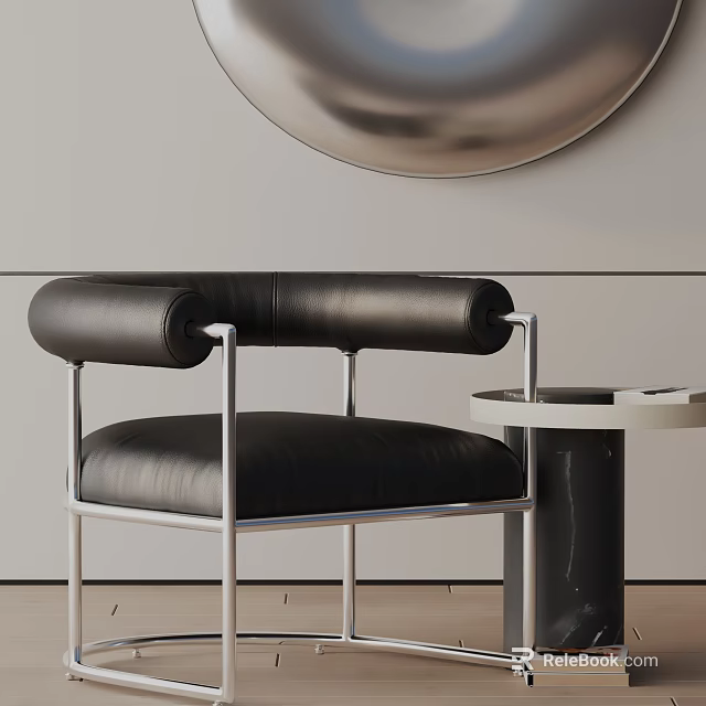 Modern Black Leather Leisure Chair with Rounded Armrests Metal Frame and Side Table 3d model 