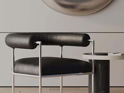 Modern Black Leather Leisure Chair with Rounded Armrests Metal Frame and Side Table 3d model