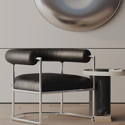 Modern Black Leather Leisure Chair with Rounded Armrests Metal Frame and Side Table 3d model