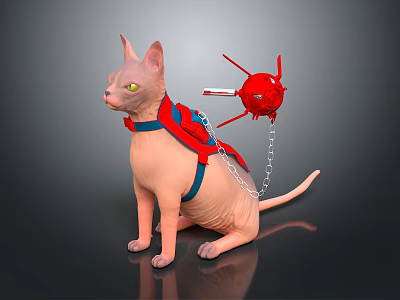 Sphynx Cat With Blue Harness And Red Spiked Ball Attached By Chain 3d model