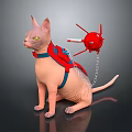 Sphynx Cat With Blue Harness And Red Spiked Ball Attached By Chain