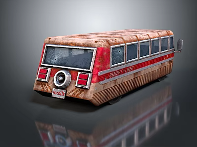 Rusted Vintage Bus Rear View With Red Stripe Round Light And Windows 3d model