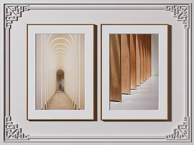 Two Framed Artworks With Arched Corridor And Wooden Structure On Decorative Wall 3d model