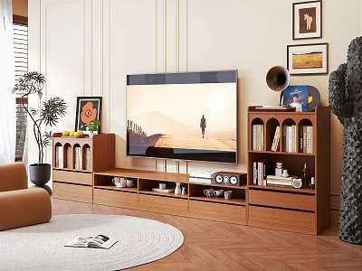 Modern Wooden TV Stand With TV Storage Shelves Bookcase And Decorative Items 3d model