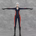 Game Movie Character With White Short Hair Navy Red Jumpsuit Black Gloves Arms Outstretched