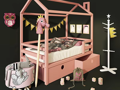 Pink House Shaped Kids Bed With Owl Decoration Bunting Flags And Storage Drawers 3d model