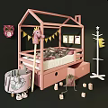 Pink House Shaped Kids Bed With Owl Decoration Bunting Flags And Storage Drawers
