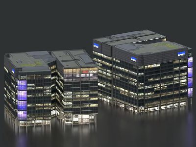 Modern Office Building Exterior With Glass Curtain Walls Night Lighting And Green Roof 3d model