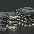 Modern Office Building Exterior With Glass Curtain Walls Night Lighting And Green Roof