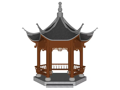 Traditional Chinese Pavilion With Pagoda Style Roof And Wooden Carved Railings 3d model