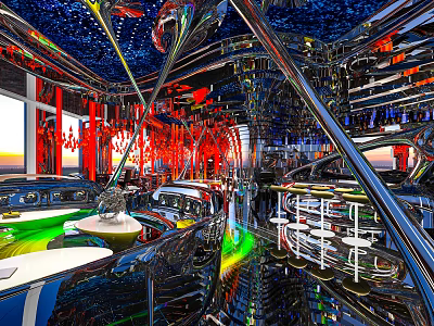 Modern Bar Interior Design With Metallic Structures Neon Lights And Reflective Surfaces 3d model