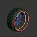 Black Tire With Detailed Tread Pattern And Stylish Wheel Rim Red Accents