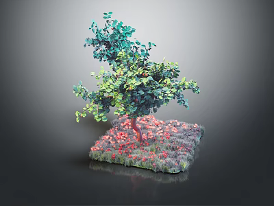 Cartoon Style Tree With Red Trunk Green Yellow Leaves And Red Flowers On Square Base 3d model