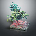 Cartoon Style Tree With Red Trunk Green Yellow Leaves And Red Flowers On Square Base