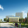 Contemporary Industrial Warehouse Featuring Glass Facade Plaza Area And Pedestrians Near Tall Buildings