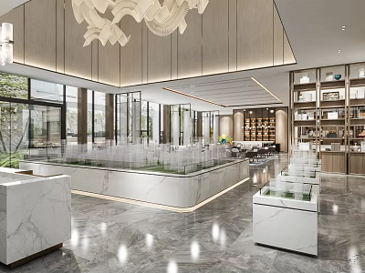 Modern Luxurious Real Estate Sales Office Interior With Marble Sand Table And Large Floor Windows 3d model
