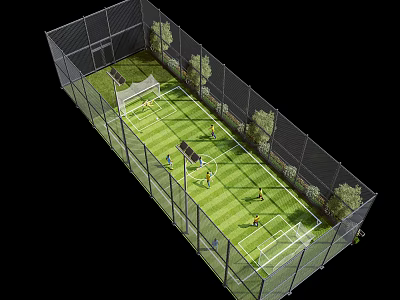 Fenced Outdoor Football Field With Green Grass Goals And Active Players 3d model
