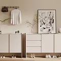 Modern White Shoe Cabinet With Shoes Decorations And Hanging Clothes