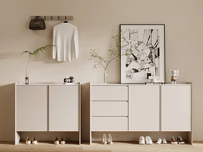 Modern White Shoe Cabinet With Shoes Decorations And Hanging Clothes 3d model