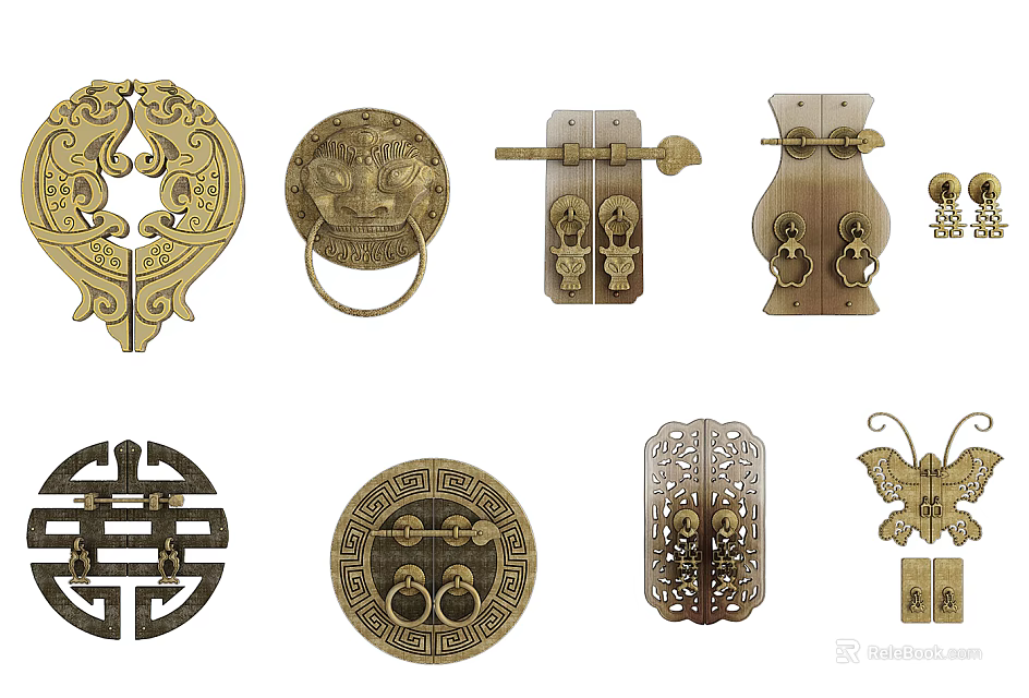 Traditional Chinese Decorative Door Handles With Carved Patterns And Vintage Designs 3d model 