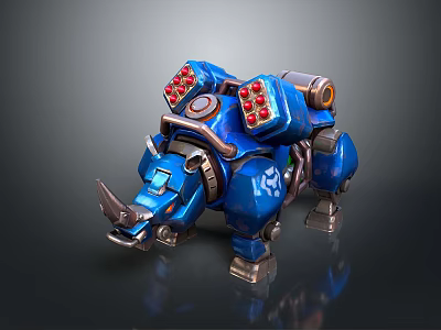 Futuristic Blue Armored Mechanical Rhino With Detailed Design And Red Lights 3d model