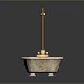 Elegant Cream Marble Bathtub With Golden Curved Faucet And Base Design