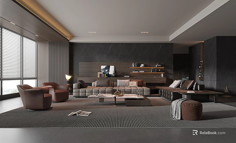 Modern Living Room Interior Design With Grey Sofa Brown Armchairs Stone Wall And Striped Rug 3d model 