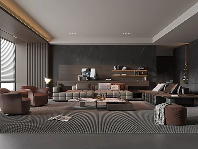 Modern Living Room Interior Design With Grey Sofa Brown Armchairs Stone Wall And Striped Rug 3d model