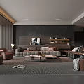 Modern Living Room Interior Design With Grey Sofa Brown Armchairs Stone Wall And Striped Rug