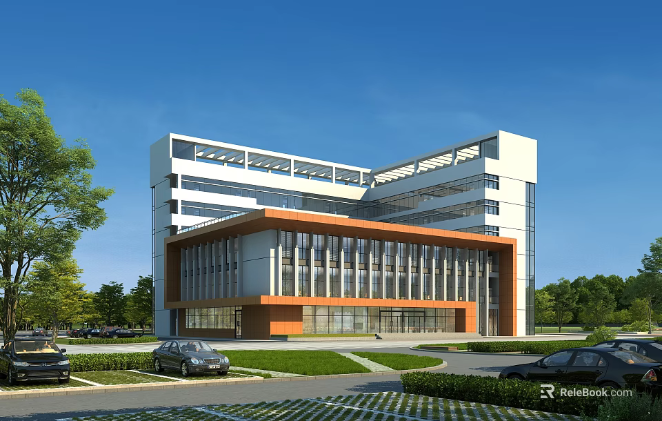 Modern Office Building Featuring White And Orange Facade Large Glass Windows Garden And Parking Area 3d model 