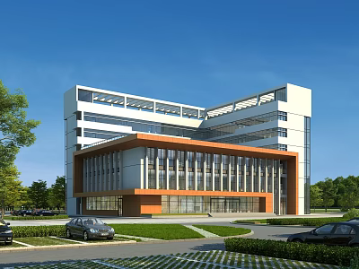 Modern Office Building Featuring White And Orange Facade Large Glass Windows Garden And Parking Area 3d model