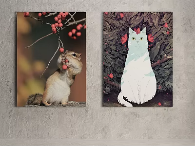 Vibrant Animal Paintings Featuring Squirrel on Branch and White Cat with Red Berries 3d model