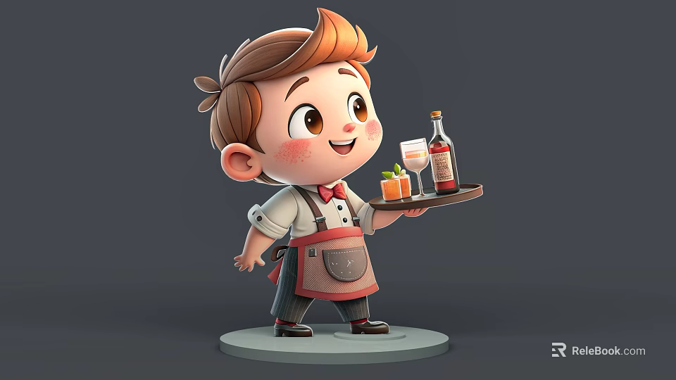 Smiling Man Waiter Wearing Apron Holding Tray With Bottle Drink And Card 3d model 