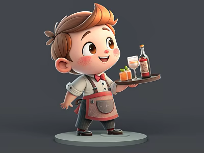 Smiling Man Waiter Wearing Apron Holding Tray With Bottle Drink And Card 3d model