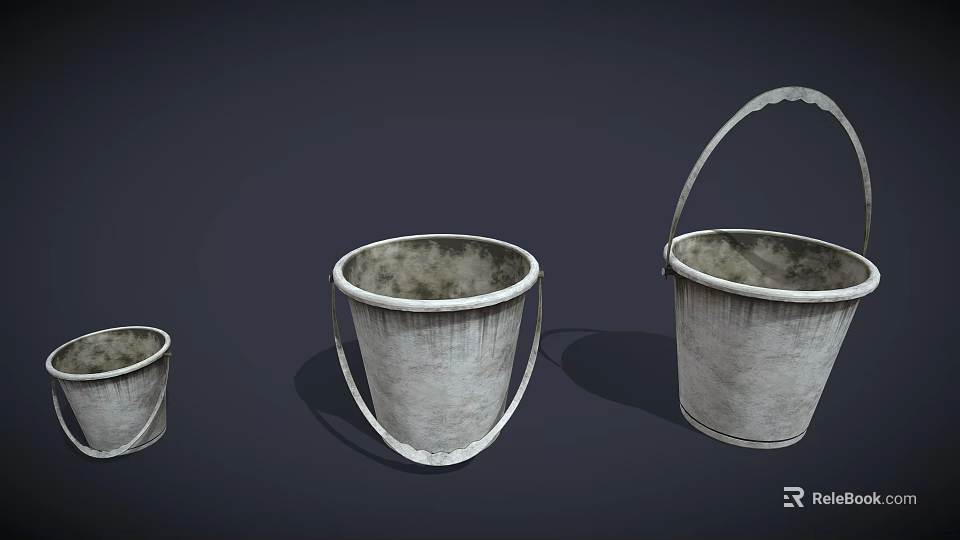 Three Different Sizes of Worn Metal Buckets with Handles on Dark Background 3d model 