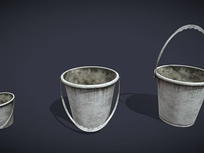 Three Different Sizes of Worn Metal Buckets with Handles on Dark Background 3d model