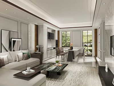 Elegant Modern Living and Dining Room With Light Sofa Coffee Table Dining Set Natural Light 3d model