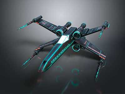 Futuristic Sci Fi Spaceship With Glowing Neon Engines And Mechanical Wings 3d model