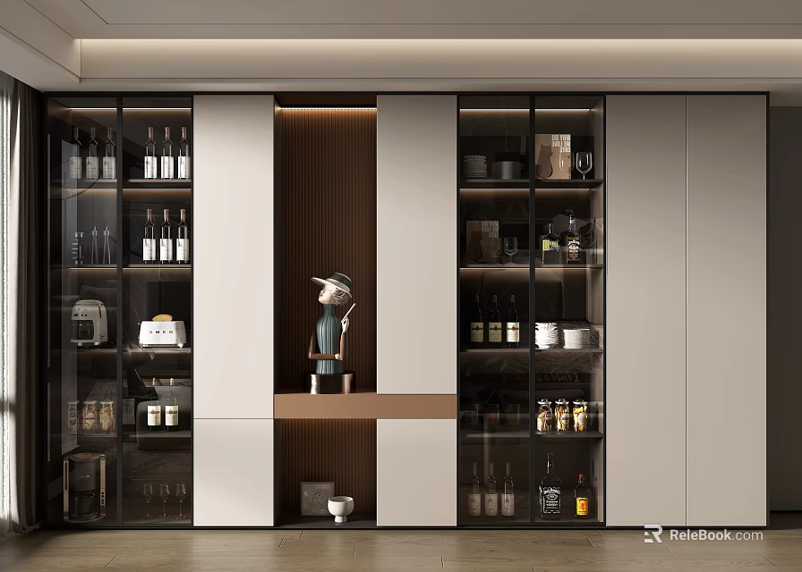 Modern Wine Cabinet Design With Glass Doors And Wine Bottle Storage 3d model 