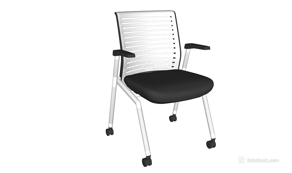 Modern Office Chair with Silver Striped Backrest Black Padded Seat and Rolling Casters 3d model 