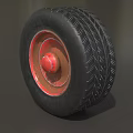 Car Tire With Black Tread Red Rim And Detailed Metal Texture Design
