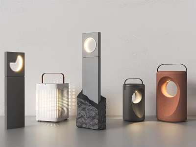 Modern Outdoor Lights With Various Shapes Portable Handle Stone Base And Circular Light Design 3d model