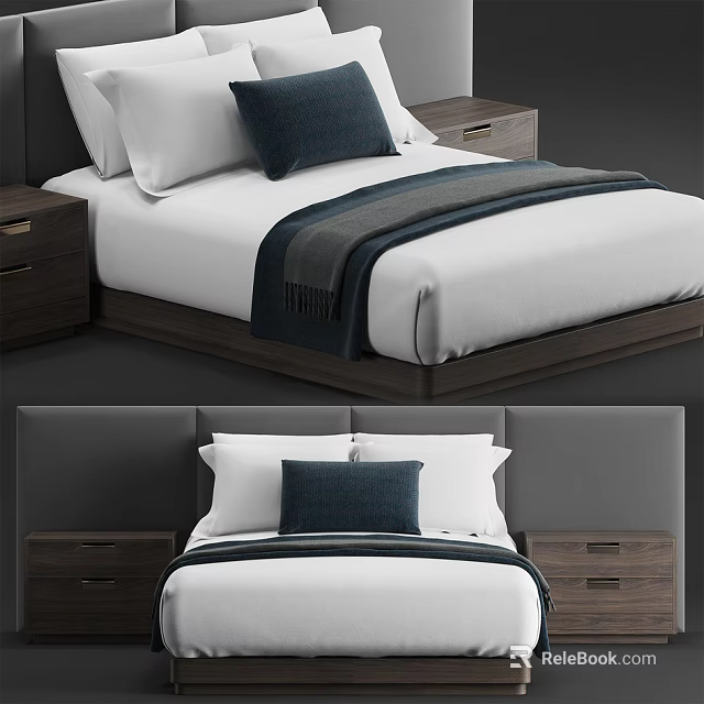 Modern Double Bed With White Bedding Dark Wooden Frame And Nightstands 3d model 