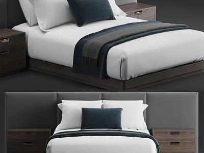 Modern Double Bed With White Bedding Dark Wooden Frame And Nightstands 3d model
