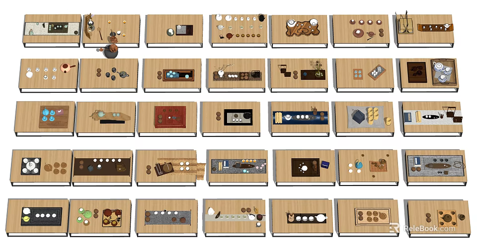 Collection of Assorted Tea Sets on Wooden Trays with Various Design Elements 3d model