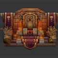 Ornate Commercial Display Platform With Decorative Lamps Storage Barrels And Red Orange Elements