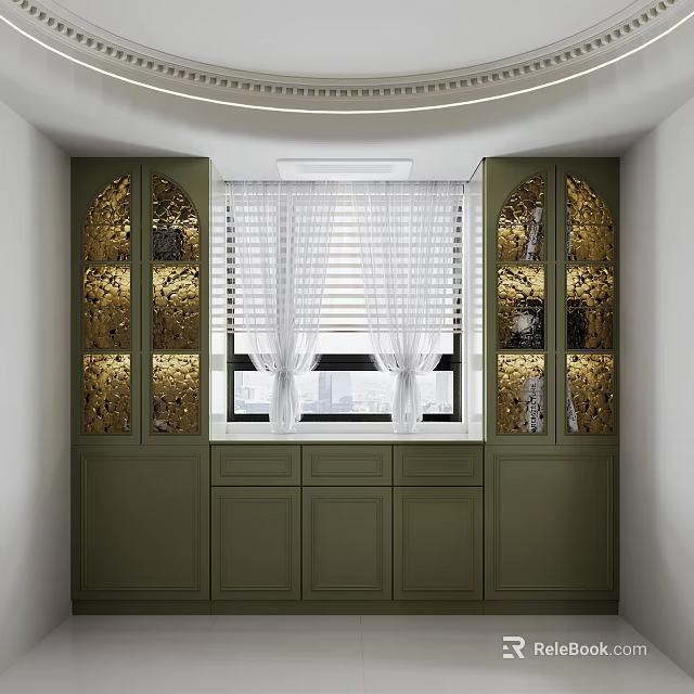 Modern Green Sideboard With Gold Accent Glass Doors Drawers And Window Blinds 3d model 