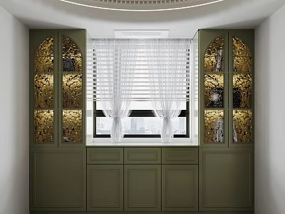 Modern Green Sideboard With Gold Accent Glass Doors Drawers And Window Blinds 3d model